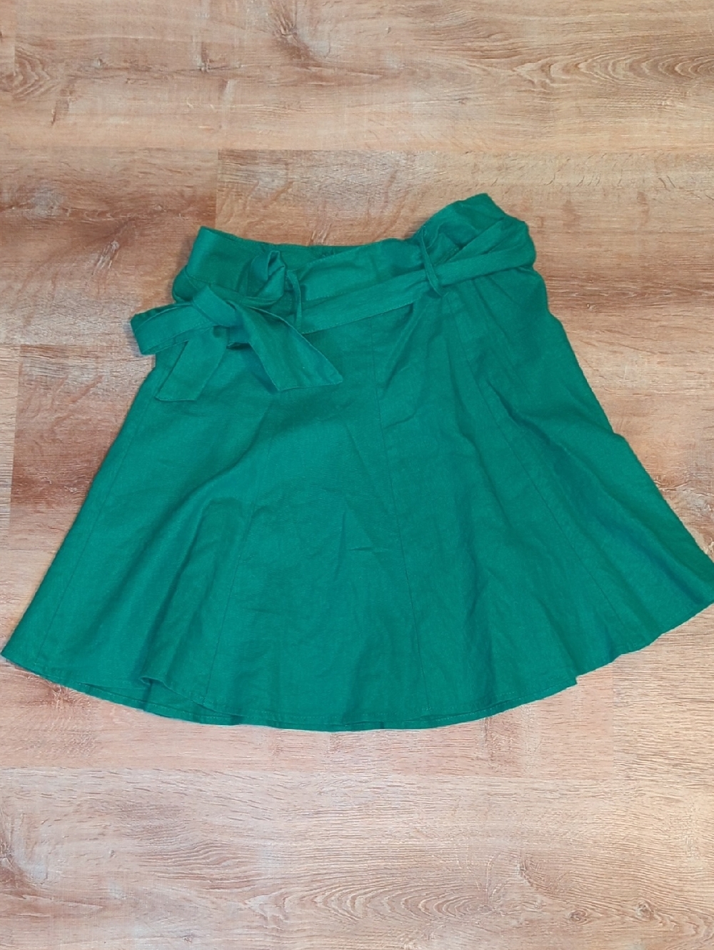 Linen Emerald Green A-Line Tie-Waist Skirt